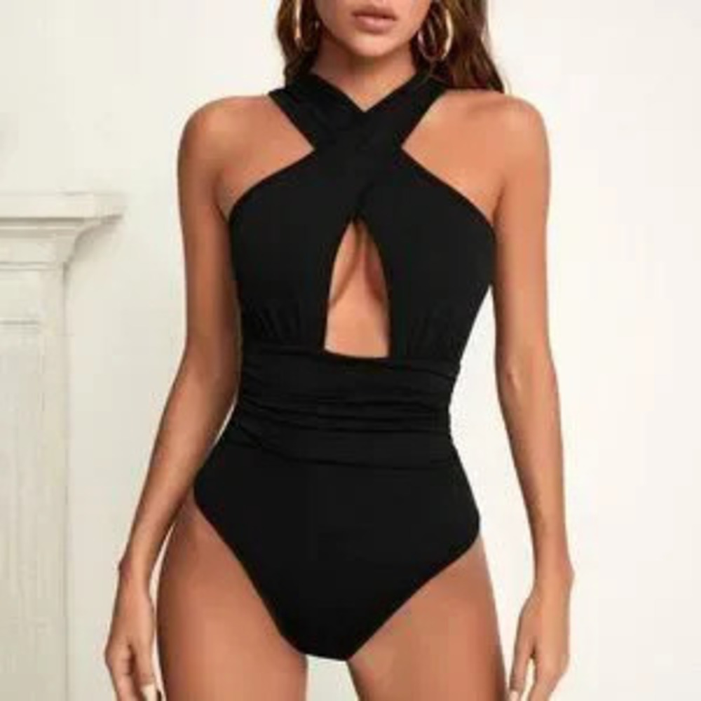 ZARA Black Preppy Womens Cross Wrap Cut Out Bodysuit